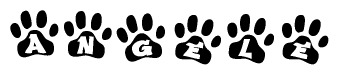 The image shows a row of animal paw prints, each containing a letter. The letters spell out the word Angele within the paw prints.