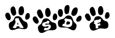 The image shows a row of animal paw prints, each containing a letter. The letters spell out the word Asdf within the paw prints.