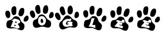 The image shows a series of animal paw prints arranged horizontally. Within each paw print, there's a letter; together they spell Boglee