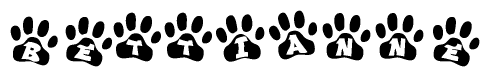 The image shows a series of animal paw prints arranged horizontally. Within each paw print, there's a letter; together they spell Bettianne