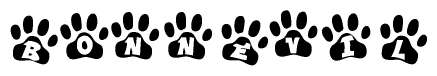 The image shows a row of animal paw prints, each containing a letter. The letters spell out the word Bonnevil within the paw prints.