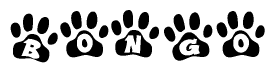 The image shows a row of animal paw prints, each containing a letter. The letters spell out the word Bongo within the paw prints.