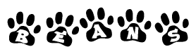 The image shows a series of animal paw prints arranged horizontally. Within each paw print, there's a letter; together they spell Beans