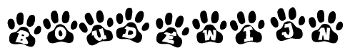 The image shows a series of animal paw prints arranged in a horizontal line. Each paw print contains a letter, and together they spell out the word Boudewijn.