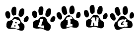 The image shows a row of animal paw prints, each containing a letter. The letters spell out the word Bling within the paw prints.