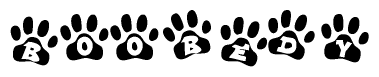 The image shows a series of animal paw prints arranged horizontally. Within each paw print, there's a letter; together they spell Boobedy
