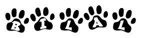 The image shows a series of animal paw prints arranged in a horizontal line. Each paw print contains a letter, and together they spell out the word Bilal.