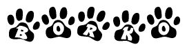 The image shows a series of animal paw prints arranged in a horizontal line. Each paw print contains a letter, and together they spell out the word Borko.
