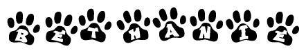 The image shows a series of animal paw prints arranged horizontally. Within each paw print, there's a letter; together they spell Bethanie