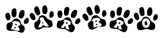 The image shows a row of animal paw prints, each containing a letter. The letters spell out the word Barbro within the paw prints.