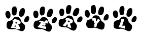 The image shows a series of animal paw prints arranged horizontally. Within each paw print, there's a letter; together they spell Beryl