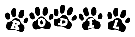 The image shows a series of animal paw prints arranged horizontally. Within each paw print, there's a letter; together they spell Bodil