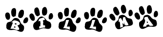 The image shows a series of animal paw prints arranged in a horizontal line. Each paw print contains a letter, and together they spell out the word Billma.