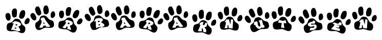The image shows a series of animal paw prints arranged horizontally. Within each paw print, there's a letter; together they spell Barbaraknutsen