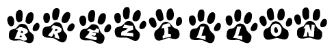 The image shows a row of animal paw prints, each containing a letter. The letters spell out the word Brezillon within the paw prints.
