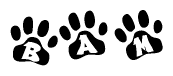 The image shows a row of animal paw prints, each containing a letter. The letters spell out the word Bam within the paw prints.