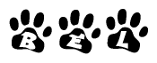 The image shows a series of animal paw prints arranged in a horizontal line. Each paw print contains a letter, and together they spell out the word Bel.