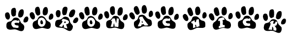 The image shows a series of animal paw prints arranged in a horizontal line. Each paw print contains a letter, and together they spell out the word Coronachick.