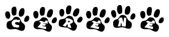 The image shows a row of animal paw prints, each containing a letter. The letters spell out the word Cerene within the paw prints.