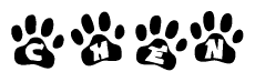 The image shows a series of animal paw prints arranged horizontally. Within each paw print, there's a letter; together they spell Chen