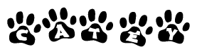 The image shows a series of animal paw prints arranged horizontally. Within each paw print, there's a letter; together they spell Catey