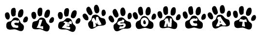 The image shows a row of animal paw prints, each containing a letter. The letters spell out the word Clemsoncat within the paw prints.