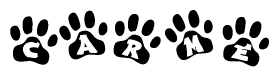 The image shows a row of animal paw prints, each containing a letter. The letters spell out the word Carme within the paw prints.