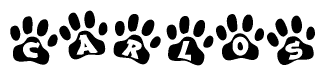 The image shows a series of animal paw prints arranged horizontally. Within each paw print, there's a letter; together they spell Carlos