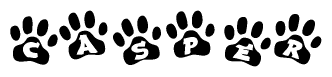 The image shows a series of animal paw prints arranged horizontally. Within each paw print, there's a letter; together they spell Casper