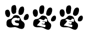 The image shows a series of animal paw prints arranged in a horizontal line. Each paw print contains a letter, and together they spell out the word Cee.