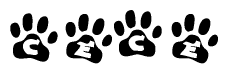 The image shows a series of animal paw prints arranged horizontally. Within each paw print, there's a letter; together they spell Cece