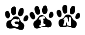The image shows a series of animal paw prints arranged horizontally. Within each paw print, there's a letter; together they spell Cin