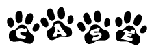 The image shows a series of animal paw prints arranged in a horizontal line. Each paw print contains a letter, and together they spell out the word Case.