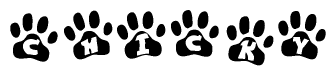 The image shows a row of animal paw prints, each containing a letter. The letters spell out the word Chicky within the paw prints.