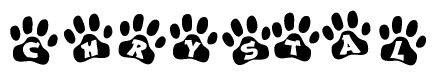 The image shows a series of animal paw prints arranged horizontally. Within each paw print, there's a letter; together they spell Chrystal