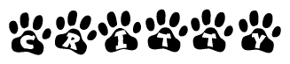 The image shows a series of animal paw prints arranged in a horizontal line. Each paw print contains a letter, and together they spell out the word Critty.