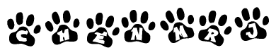 The image shows a row of animal paw prints, each containing a letter. The letters spell out the word Chenmrj within the paw prints.