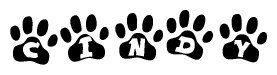The image shows a row of animal paw prints, each containing a letter. The letters spell out the word Cindy within the paw prints.
