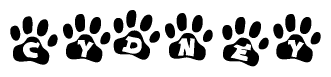 The image shows a series of animal paw prints arranged horizontally. Within each paw print, there's a letter; together they spell Cydney