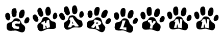 The image shows a series of animal paw prints arranged horizontally. Within each paw print, there's a letter; together they spell Charlynn