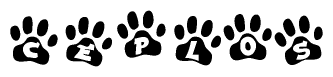 The image shows a row of animal paw prints, each containing a letter. The letters spell out the word Ceplos within the paw prints.