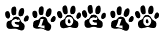 The image shows a series of animal paw prints arranged in a horizontal line. Each paw print contains a letter, and together they spell out the word Cloclo.