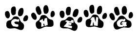 The image shows a row of animal paw prints, each containing a letter. The letters spell out the word Cheng within the paw prints.