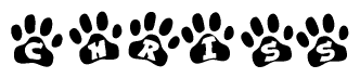 The image shows a series of animal paw prints arranged in a horizontal line. Each paw print contains a letter, and together they spell out the word Chriss.