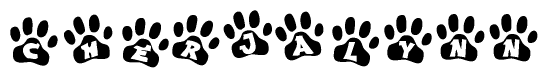 The image shows a row of animal paw prints, each containing a letter. The letters spell out the word Cherjalynn within the paw prints.