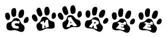 The image shows a series of animal paw prints arranged horizontally. Within each paw print, there's a letter; together they spell Charee