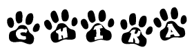 The image shows a series of animal paw prints arranged horizontally. Within each paw print, there's a letter; together they spell Chika