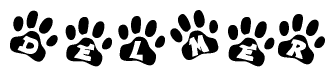 The image shows a series of animal paw prints arranged horizontally. Within each paw print, there's a letter; together they spell Delmer