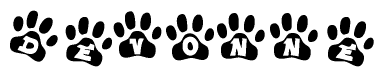 The image shows a series of animal paw prints arranged horizontally. Within each paw print, there's a letter; together they spell Devonne