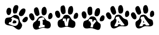 The image shows a row of animal paw prints, each containing a letter. The letters spell out the word Divyaa within the paw prints.